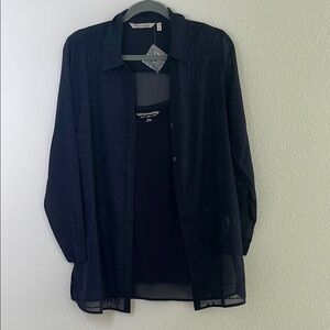 New Soft Surroundings Navy Blue Embroidered Sheer Blouse with Matching Cami – XS